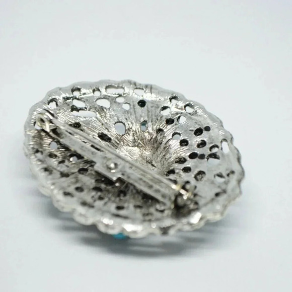 Blue Bead Rose Flower Filigree Silver Tone Retro - Picture 4 of 4